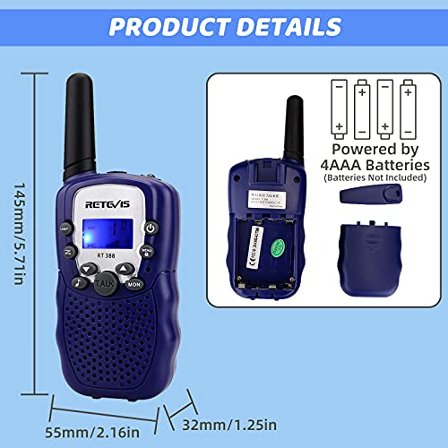 Retevis RT388 Walkie Talkie für Kinder PMR446 8 Kanäle Kinder Funkgeräte mit LC-Display VOX Taschenlampe Spielzeug Geschenke für Kinder Walkie Talkies Set Kinder(1 Paar, Dunkelblau) - 7