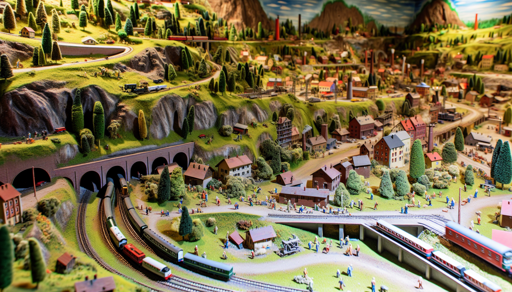 Eine Nahaufnahme eines detaillierten Modelleisenbahn-Setups. Die Szene ist voller AktivitÃ¤t, wÃ¤hrend Miniatureisenbahnen durch Tunnel fahren, Ã¼ber BrÃ¼cken gleiten und eine Ã¼ppige Landschaft durchqueren. Animierte Figuren in verschiedenen GrÃ¶ÃŸen sind Ã¼ber das Modell verteilt und zeigen Menschen aus unterschiedlichen Lebensbereichen, die mit der Infrastruktur um sie herum interagieren. Kleine HÃ¤user, Fabriken und andere architektonische Wahrzeichen prÃ¤gen die Landschaft, die in der HÃ¶he variiert. Das gesamte Setup strahlt eine Aura von Nostalgie aus, gepaart mit akribischer Handwerkskunst und Vorstellungskraft.