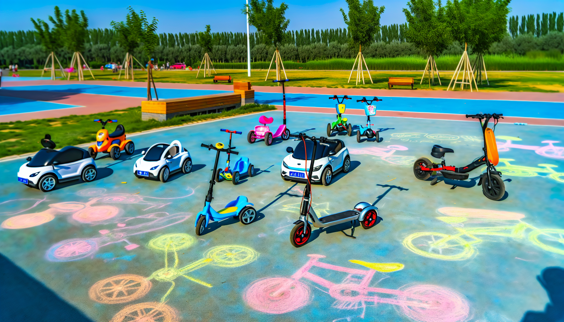 Eine Szene mit verschiedenen elektrischen Kinderfahrzeugen. Dazu gehÃ¶ren Miniatur-Elektroautos in verschiedenen Modellen und Farben, ElektrofahrrÃ¤der und Roller, die speziell fÃ¼r Kinder entwickelt wurden. Die Szene spielt sich in einem offenen Raum ab, der ideal fÃ¼r Kinder ist, um frei zu fahren und zu spielen, wie zum Beispiel in einem Park oder auf einem Spielplatz. Der Boden ist mit bunten Kreidezeichnungen geschmÃ¼ckt, die von Kindern gemacht wurden. Im Hintergrund sind BÃ¤ume und ein blauer Himmel zu sehen. Es ist ein heller, sonniger Tag, der die Farben der Fahrzeuge und der Kreidezeichnungen lebhaft zur Geltung bringt.