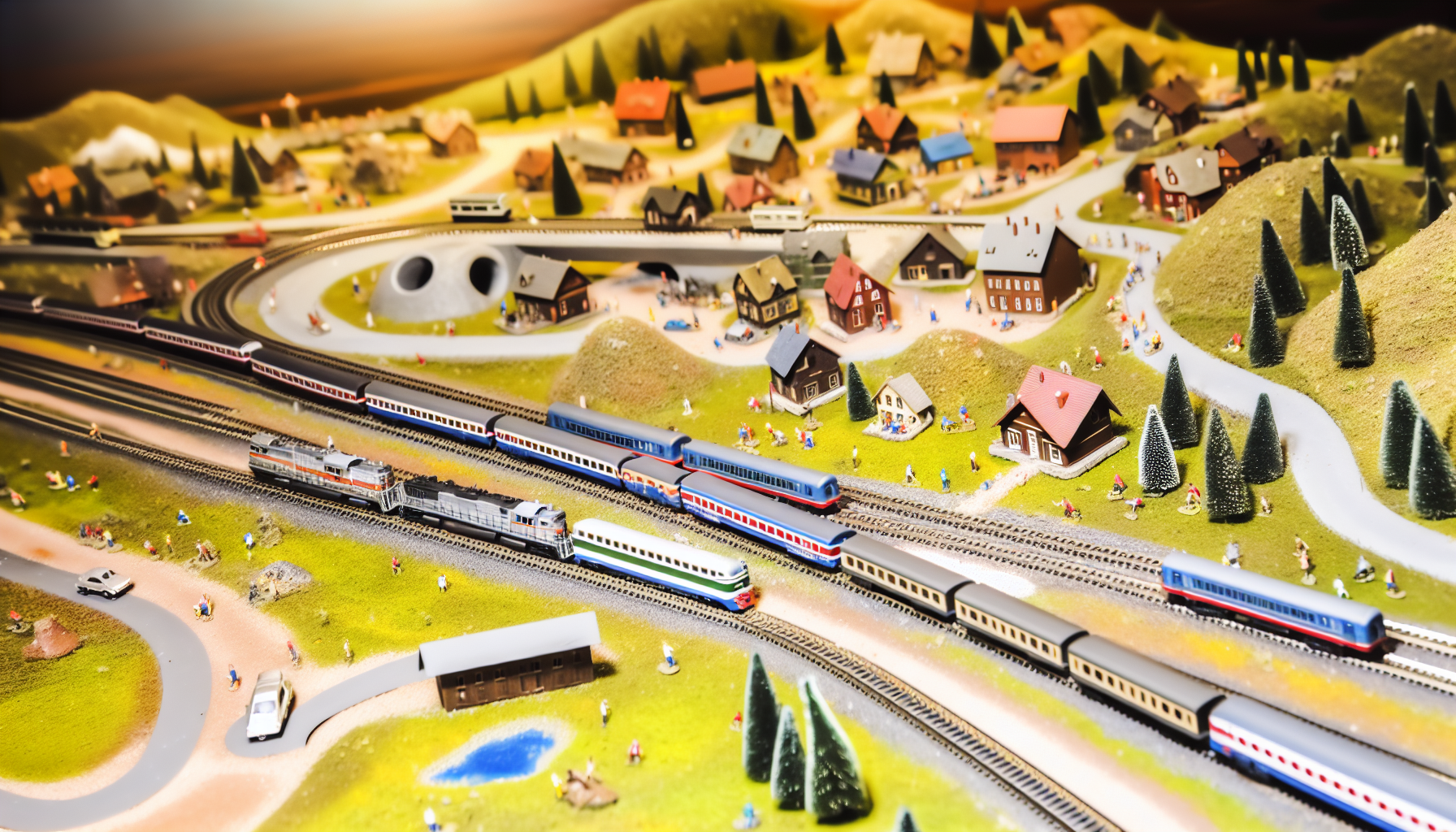 Erstellen Sie ein komplexes Bild einer Modelleisenbahn. Inklusive ZÃ¼gen, die in lebhaften Details gestaltet sind und entlang von Gleisen in einer weitlÃ¤ufigen, miniaturisierten Landschaft fahren. Die Landschaft sollte verschiedene Merkmale aufweisen, wie kleine StÃ¤dte mit winzigen HÃ¤usern, StraÃŸen, Autos und Menschen. Die StÃ¤dte selbst sollten pulsierend mit AktivitÃ¤ten und einer Vielzahl von Menschen unterschiedlicher Herkunft sein, die das Alltagsleben genieÃŸen. Die Biome sollten sich entsprechend dem Verlauf der Gleise Ã¤ndern, einschlieÃŸlich Ebenen, WÃ¤lder, Berge und FlÃ¼sse. Es mÃ¼ssen Tunnel, BrÃ¼cken und BahnhÃ¶fe verstreut sein, mit einem Hintergrund, der auf einen Sonnenuntergang hindeutet, der einen goldenen Schimmer wirft.