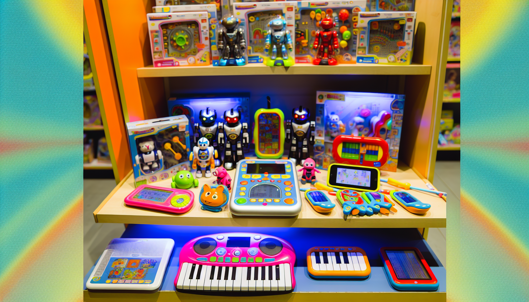 Ein Array von elektronischen Spielzeugen fÃ¼r Kinder, das Vielfalt in Design und FunktionalitÃ¤t zeigt. Stellen Sie sich eine helle und bunte Szene vor, gefÃ¼llt mit interaktiven Robotern, Musikinstrumenten, Synthesizern, kniffligen Puzzles und Bildungs-Tablets. All diese Artikel sind ordentlich auf einem Holzregal in einem Spielzeugladen angeordnet, unter warmem, einladendem Licht.