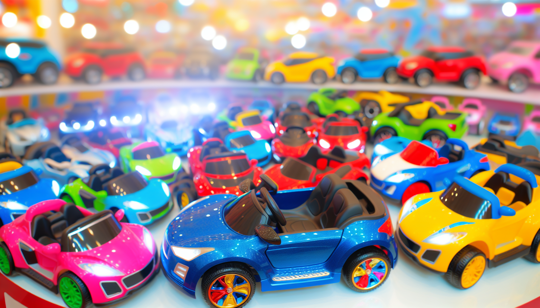 Eine Vielzahl von elektrischen Fahrzeugen fÃ¼r Kinder. Diese bunten Automobile reichen von Miniatur-Sportwagen bis hin zu kleinen GelÃ¤ndewagen. Sie sind zusammen in einem hellen, lebhaften Spielzeugladen geparkt, wobei der hochglÃ¤nzende Lack das Licht von oben reflektiert. Es gibt eine Vielzahl von Farben wie Rot, Blau, Gelb und GrÃ¼n. Die Szene hat eine magische, frÃ¶hliche AtmosphÃ¤re, die Kinder einlÃ¤dt, ihre eigenen kleinen Fahrzeuge auszuprobieren und zu fahren.