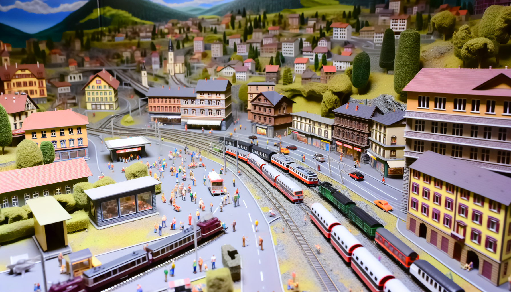 Ein hochdetailliertes Modellbahn-Setup. Die Szene zeigt eine pulsierende Stadt mit einer Vielzahl von MiniaturgebÃ¤uden, darunter ein kleiner Stadtplatz, Restaurants und EinzelhandelsgeschÃ¤fte. ZÃ¼ge unterschiedlicher Formen und GrÃ¶ÃŸen sind zu sehen, wie sie sich entlang der Gleise schlÃ¤ngeln, die durch die Landschaft fÃ¼hren. FuÃŸgÃ¤nger verschiedener Geschlechter und Rassen sind in der Stadt verteilt und gehen ihren tÃ¤glichen AktivitÃ¤ten nach. Im Hintergrund erstreckt sich eine malerische Berglandschaft mit Ã¼ppigem GrÃ¼n und einem klaren blauen Himmel.