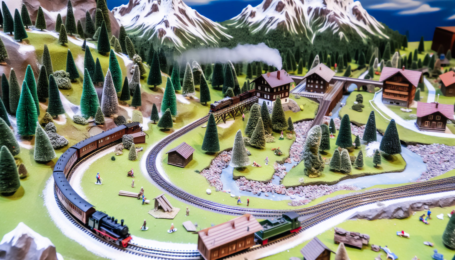 Ein sorgfÃ¤ltig arrangiertes Modelleisenbahn-Set. Die Gleise schlÃ¤ngeln sich durch eine wunderschÃ¶ne alpine Landschaft mit schneebedeckten Bergen, unberÃ¼hrten Wiesen und hÃ¼bschen kleinen HÃ¤usern aus Zedernholz. Eine kleine dampfbetriebene Lokomotive tuckert Ã¼ber die Gleise und hinterlÃ¤sst eine winzige Rauchfahne. Ein kleiner Fluss mit einer handgefertigten HolzbrÃ¼cke darÃ¼ber gehÃ¶rt ebenfalls zur Szenerie. Miniaturfiguren von Menschen aus verschiedenen HintergrÃ¼nden, wie Kaukasier, Hispanics und Schwarze, sind in der Landschaft verteilt und beschÃ¤ftigen sich mit verschiedenen alltÃ¤glichen AktivitÃ¤ten.